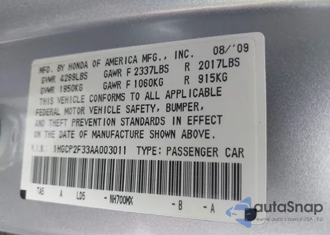 2010 Honda Accord 2.4 Lx z USA, uszkodzony, nr VIN 1HGCP2F33AA003011